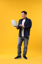 Photo of Full length portrait of happy man with laptop on yellow background