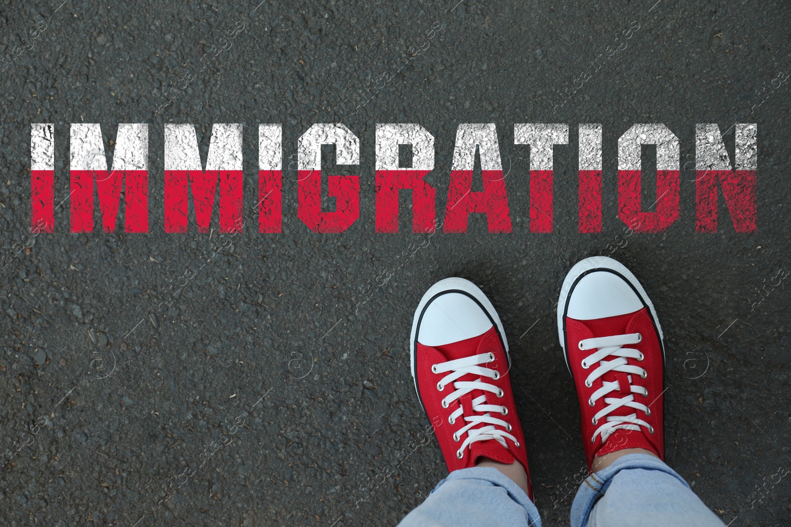 Image of Woman standing on asphalt near word Immigration in colors of flag of Poland, top view