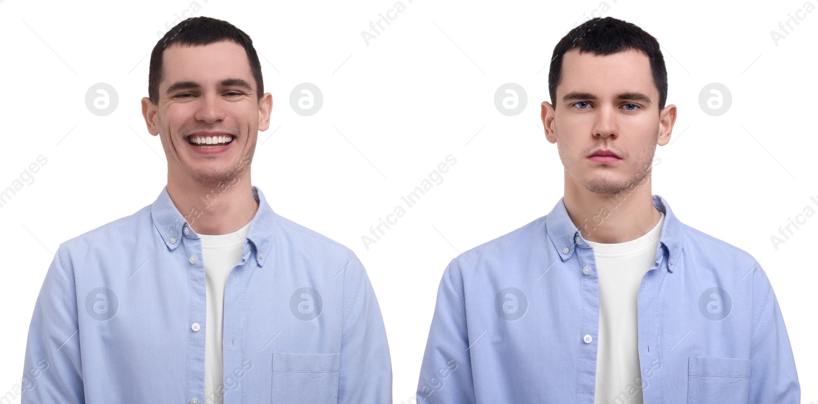 Image of Man showing different emotions on white background, collage