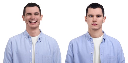 Image of Man showing different emotions on white background, collage