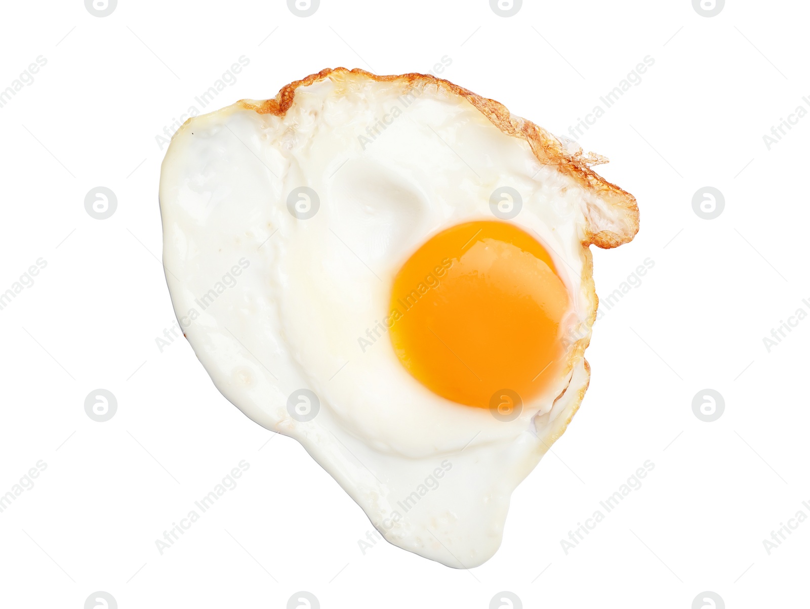 Photo of Fried sunny side up egg on white background, top view