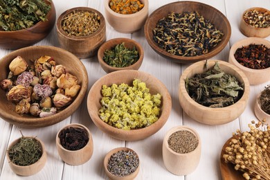 Photo of Many different dry herbs and flowers in bowls on white wooden table