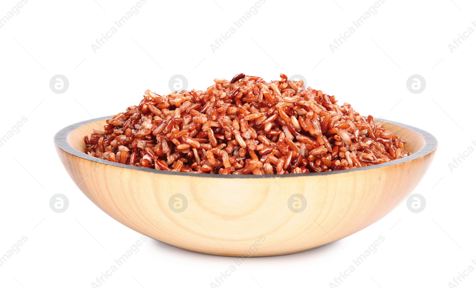 Photo of Bowl with delicious cooked brown rice on white background