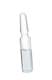 Photo of Glass ampoule with pharmaceutical product on white background