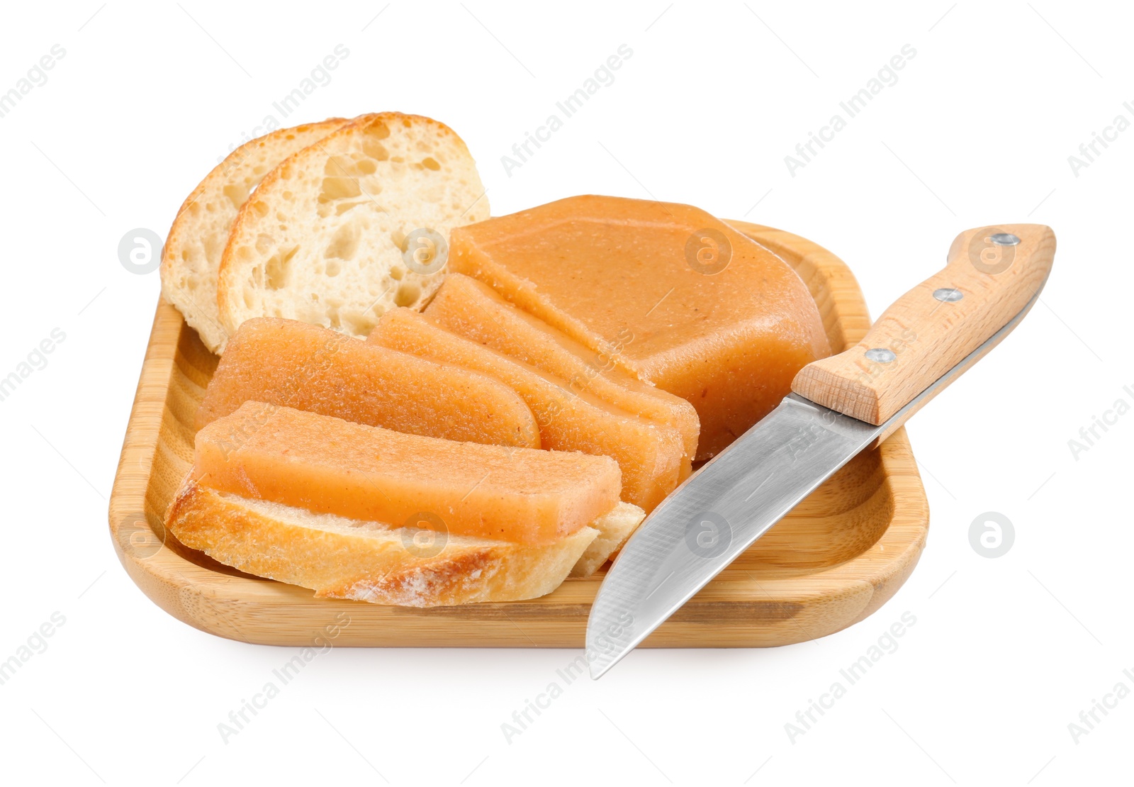 Photo of Delicious sweet quince paste, bread and knife isolated on white