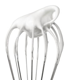 Whisk with whipped egg whites isolated on white