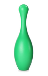 Photo of Green bowling pin isolated on white. Child toy