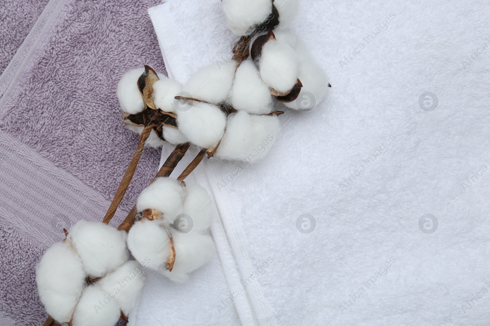 Photo of Cotton flowers on different terry towels, top view