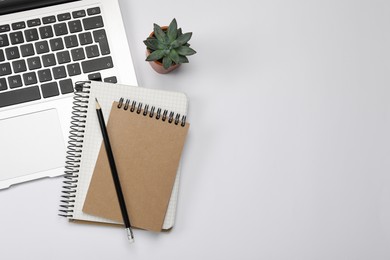Photo of Modern laptop, houseplant, notebooks and pencil on white background, flat lay. Space for text
