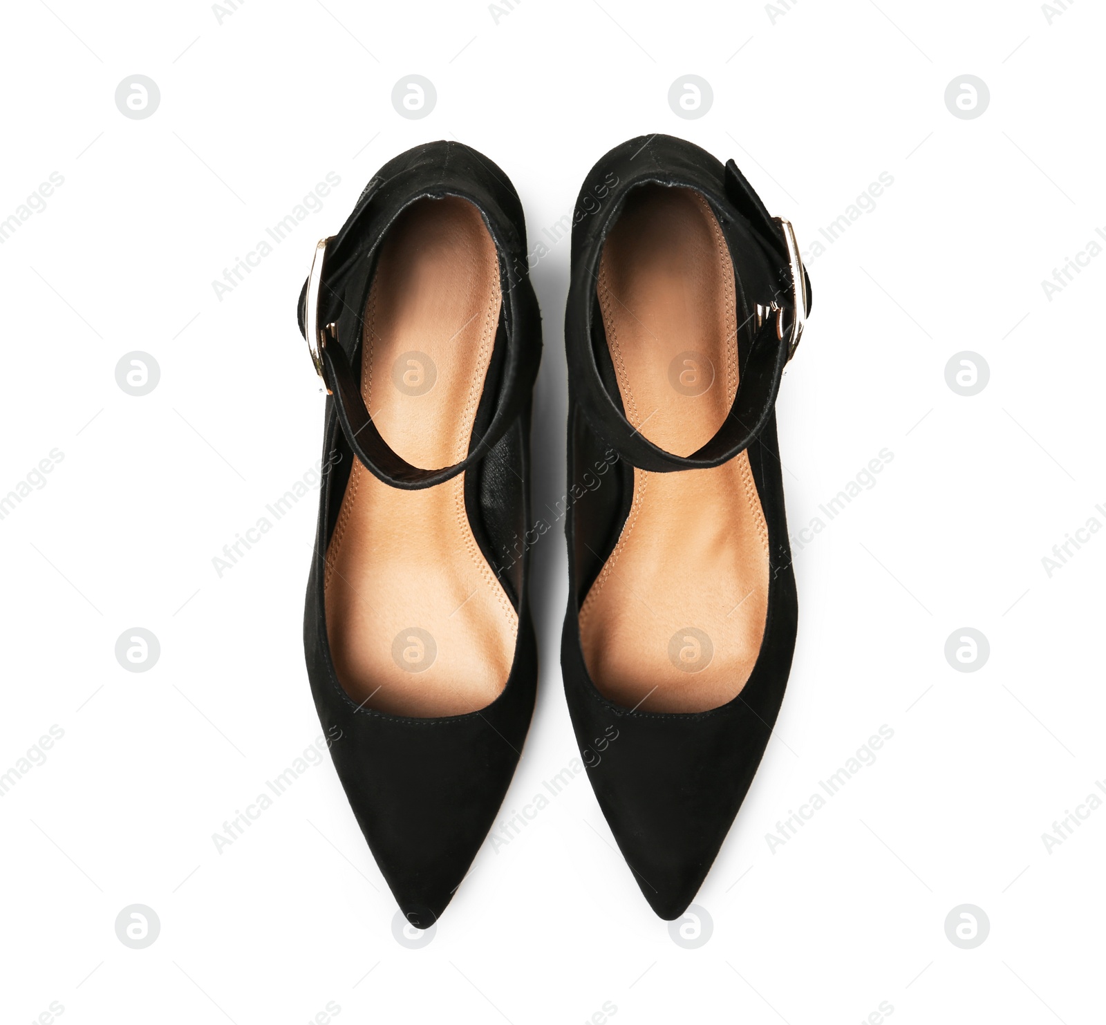 Photo of Pair of female shoes on white background, top view