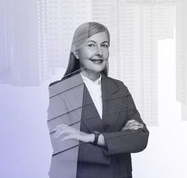 Image of Double exposure of businesswoman and office buildings