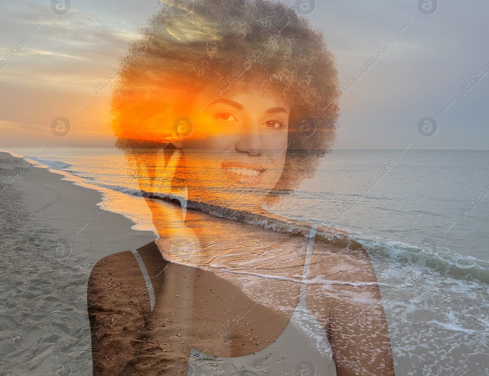 Image of Double exposure of beautiful woman and sea at sunset