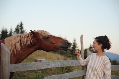 Photo of Woman with beautiful horse near wooden fence outdoors. Lovely domesticated pet