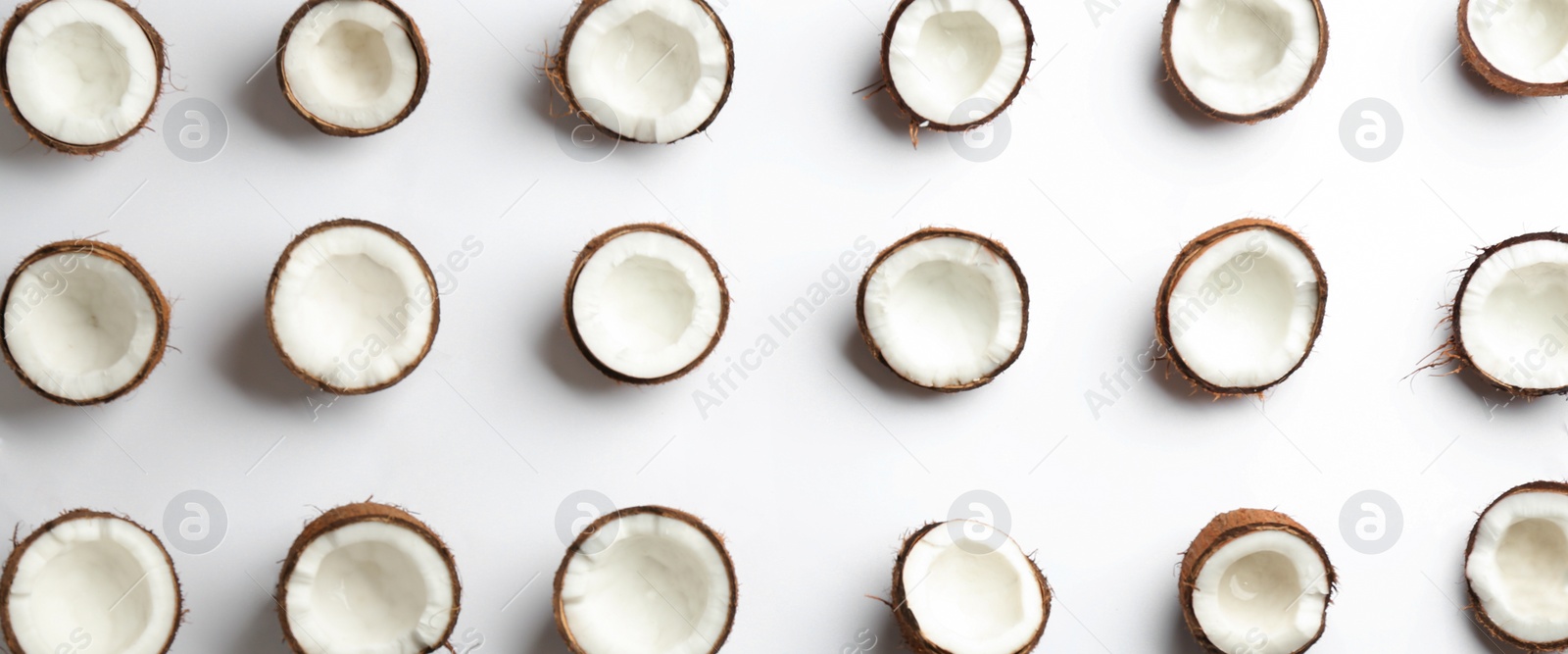 Photo of Coconut pattern on white background, top view