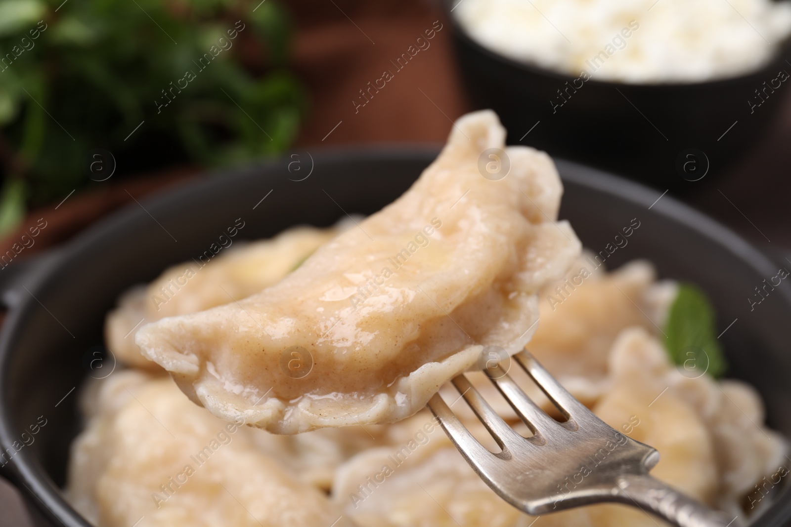 Photo of Delicious dumpling (varenyk) with cottage cheese on fork over bowl, closeup