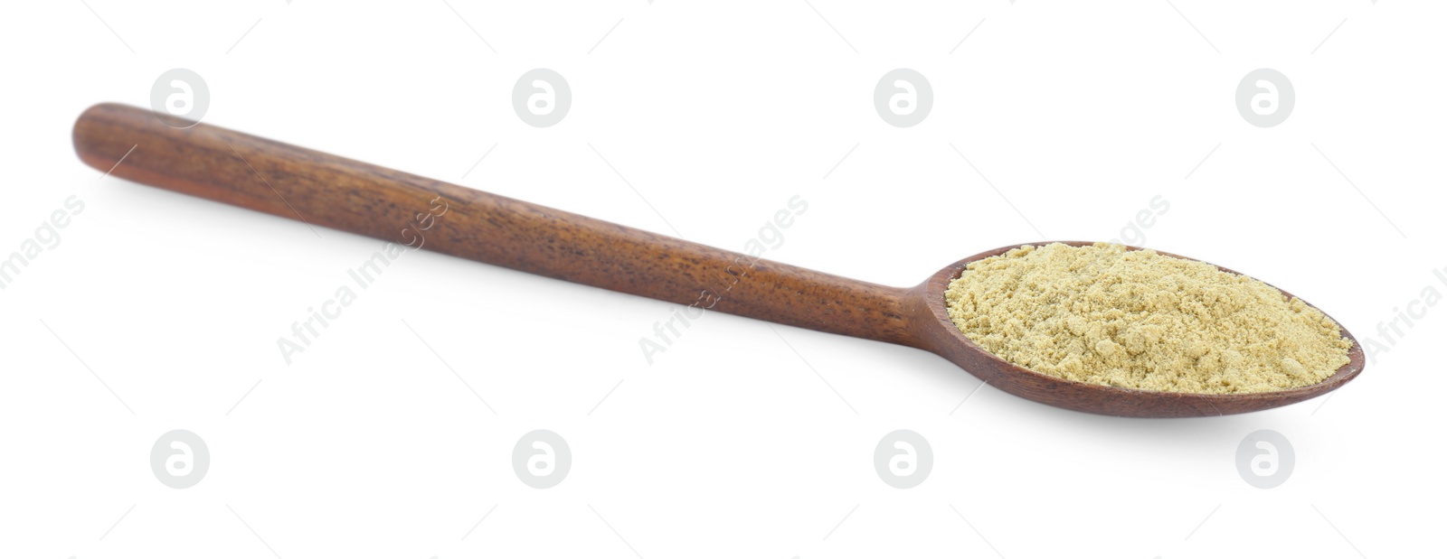 Photo of Wooden spoon with aromatic mustard powder on white background