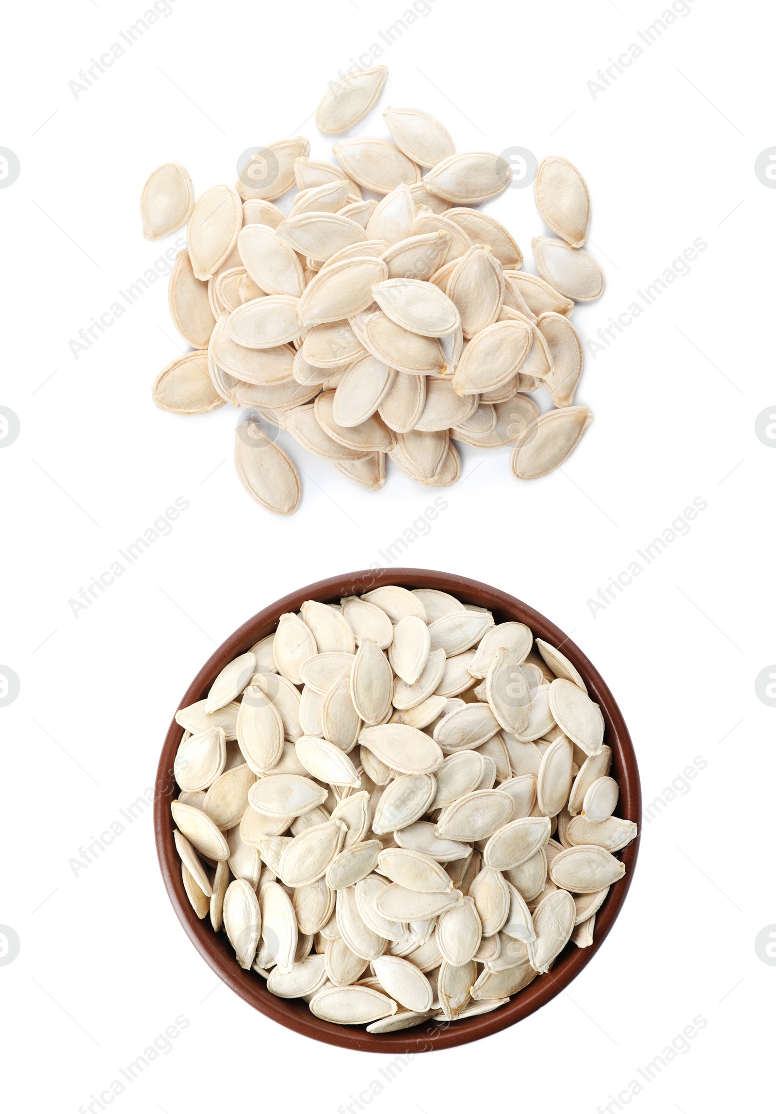 Image of Raw pumpkin seeds on white background, top view