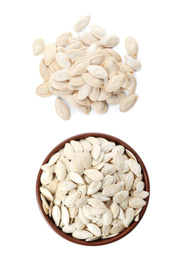 Image of Raw pumpkin seeds on white background, top view