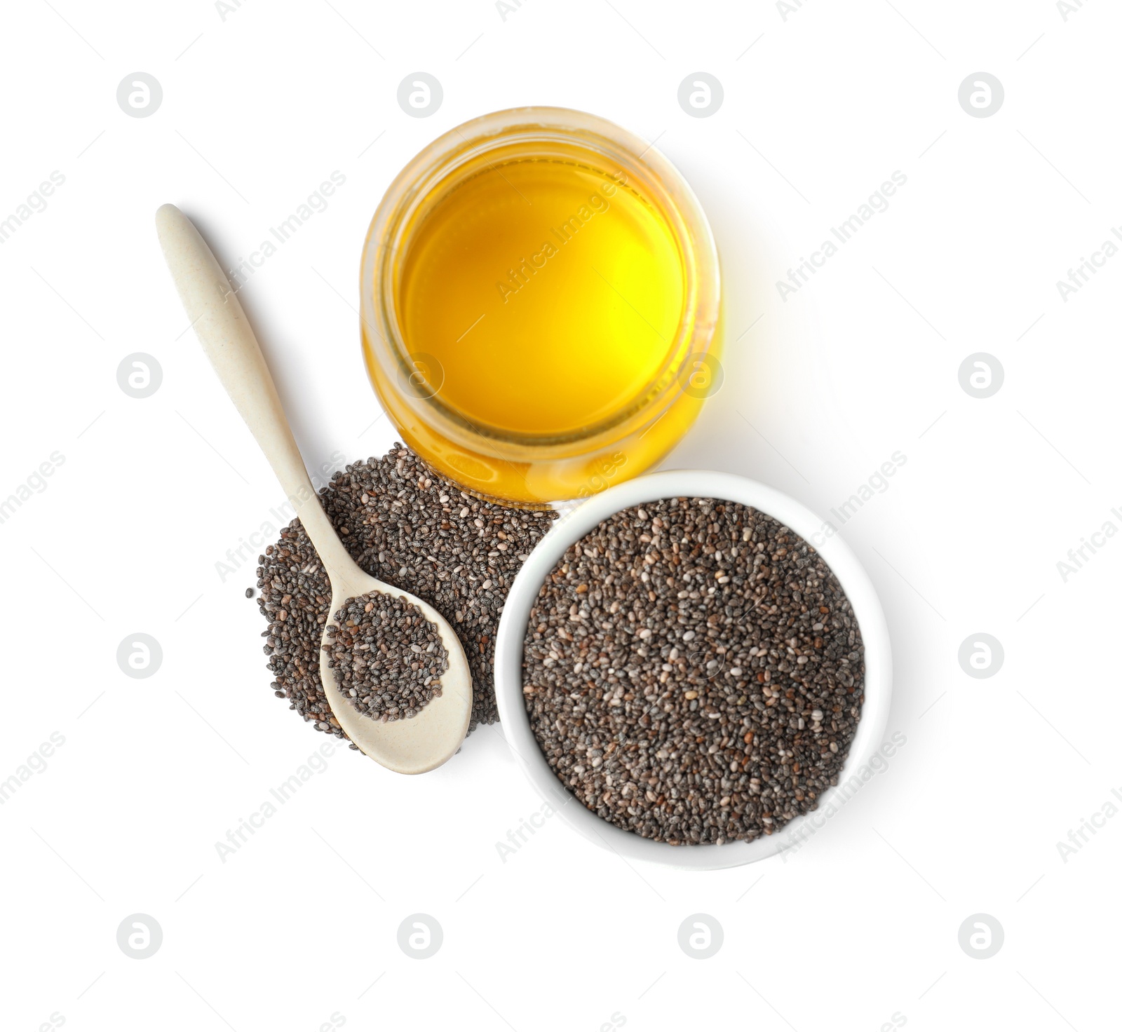 Photo of Composition with jar of chia oil and seeds on white background, top view