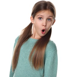 Photo of Portrait of surprised girl on white background