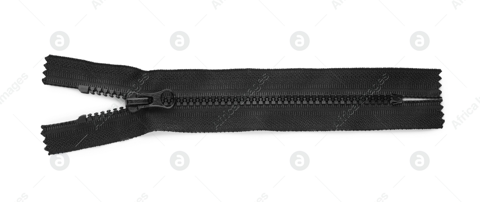 Photo of Black zipper isolated on white, top view