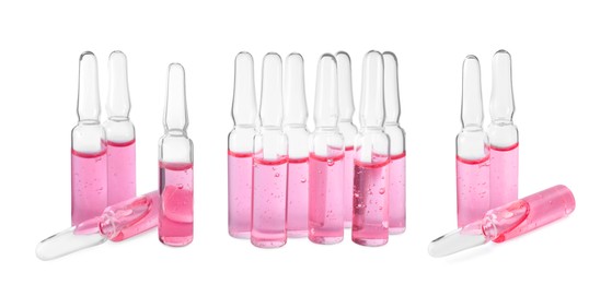 Set with glass ampoules with pharmaceutical products on white background. Banner design