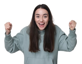 Photo of Portrait of happy surprised woman on white background