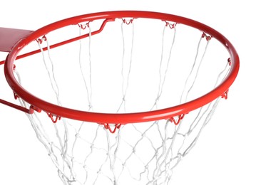 Basketball hoop with net on white background, closeup