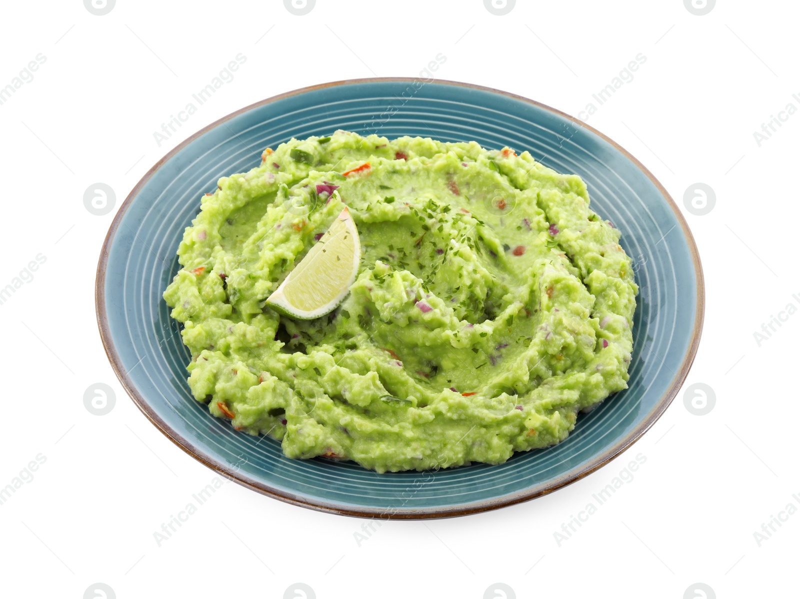 Photo of Delicious guacamole served with lime isolated on white