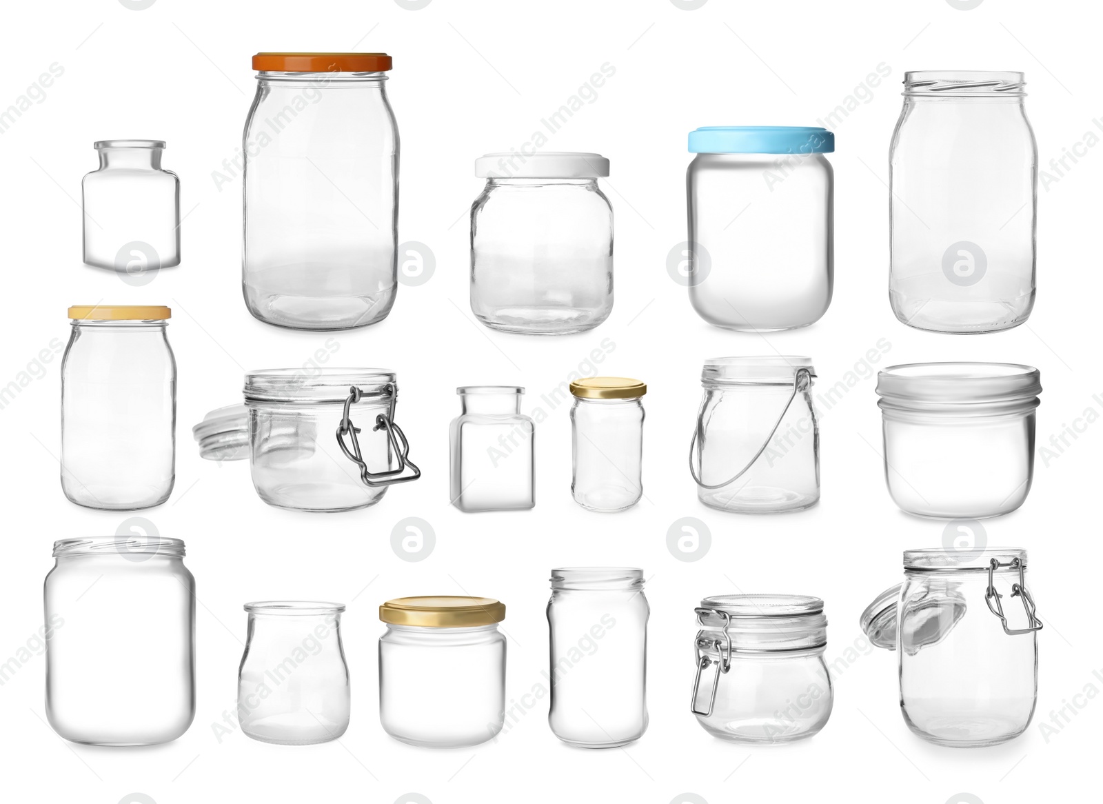 Image of Set with different empty glass jars on white background