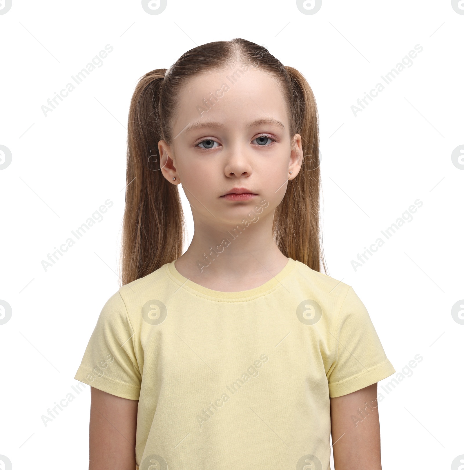 Photo of Portrait of sad girl on white background