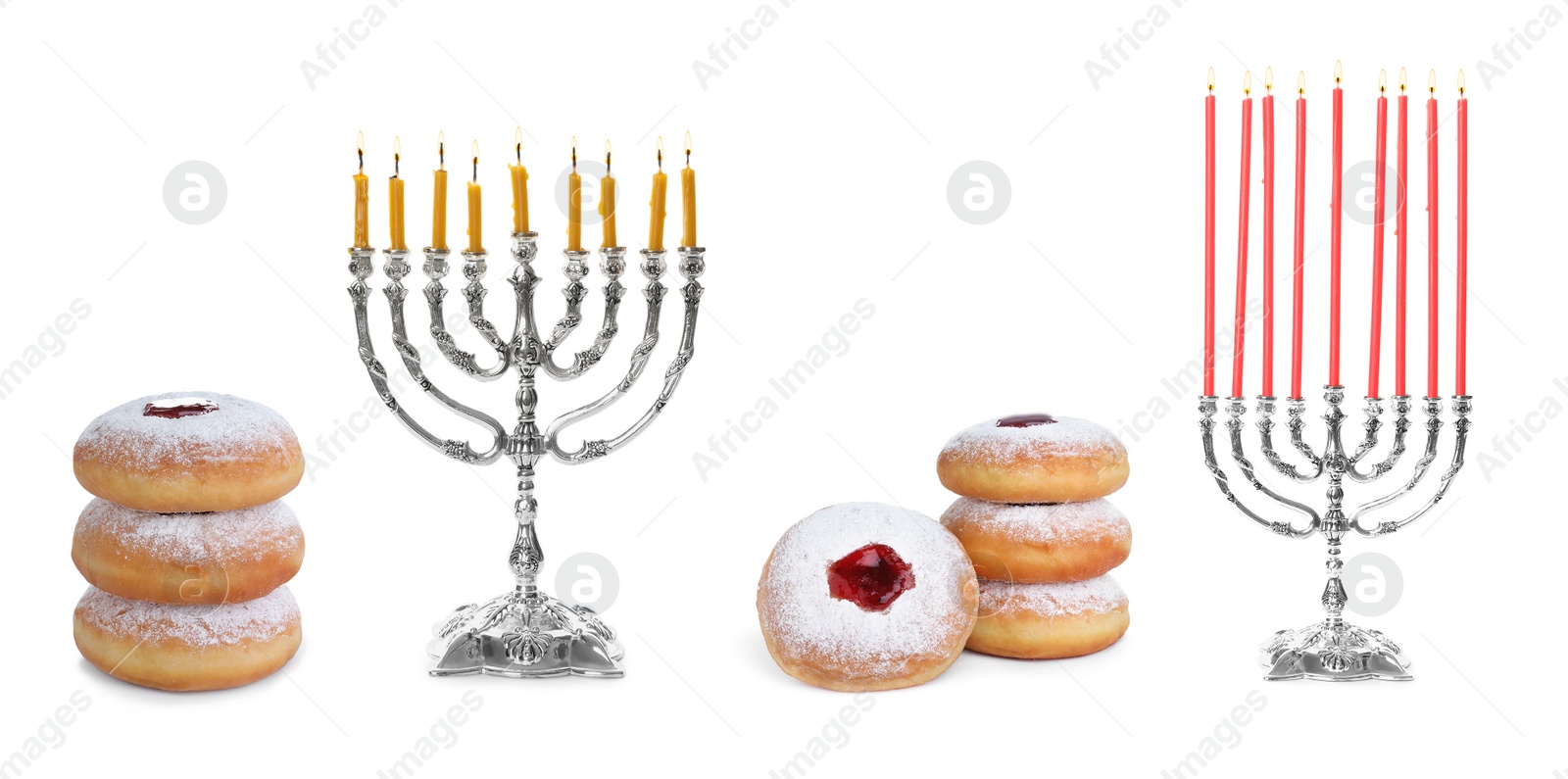 Image of Hanukkah doughnuts and silver menorahs on white background, collage. Banner design