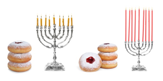 Hanukkah doughnuts and silver menorahs on white background, collage. Banner design