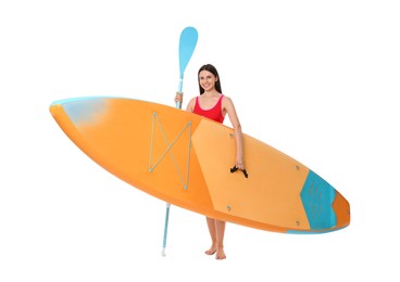 Photo of Happy woman with orange SUP board and paddle on white background