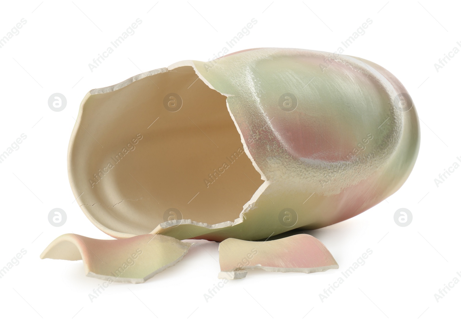 Photo of Broken colorful ceramic vase isolated on white