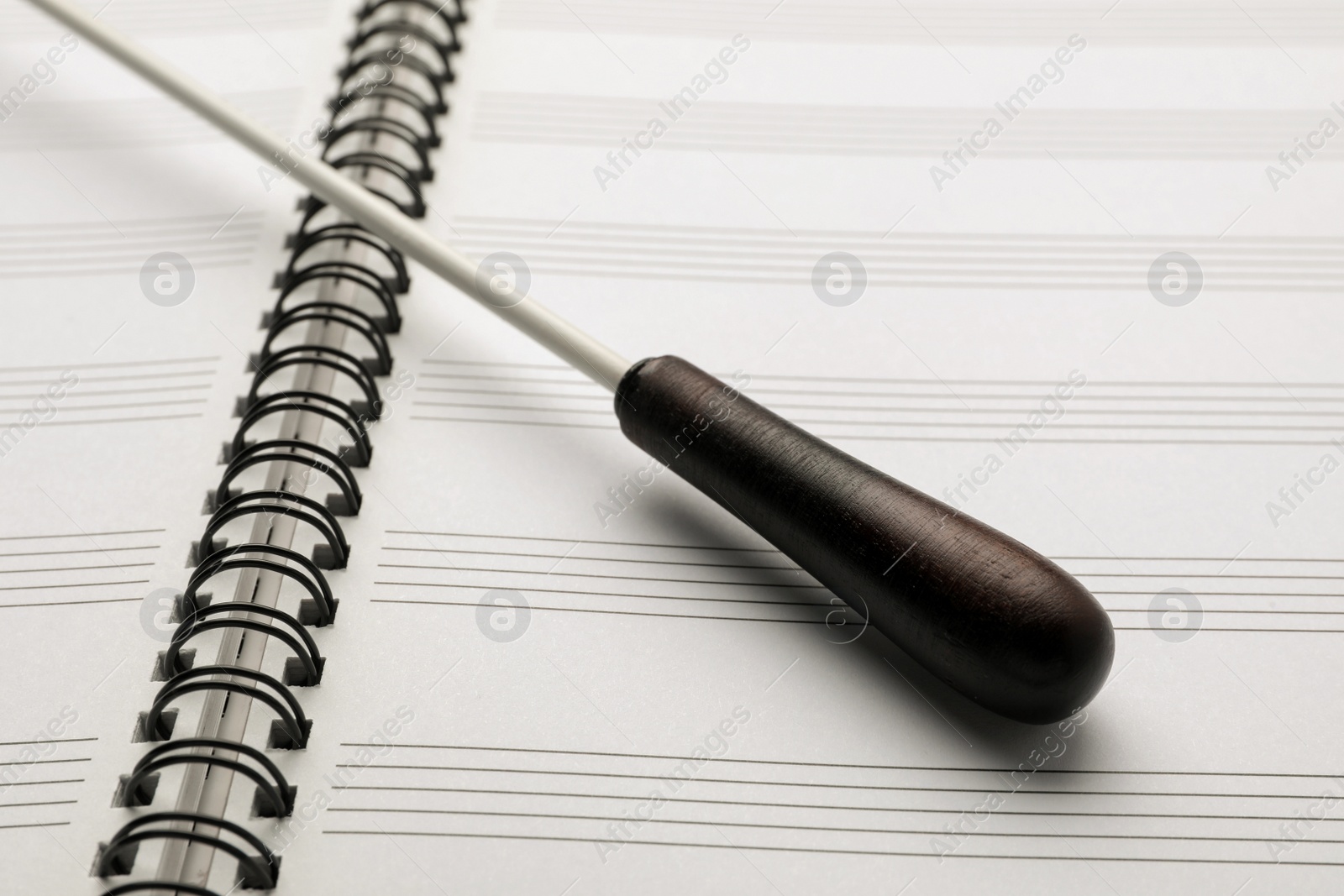 Photo of Conductor's baton on open lead sheet, closeup