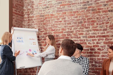 Photo of Businesswoman having meeting with her employees in office. Lady boss