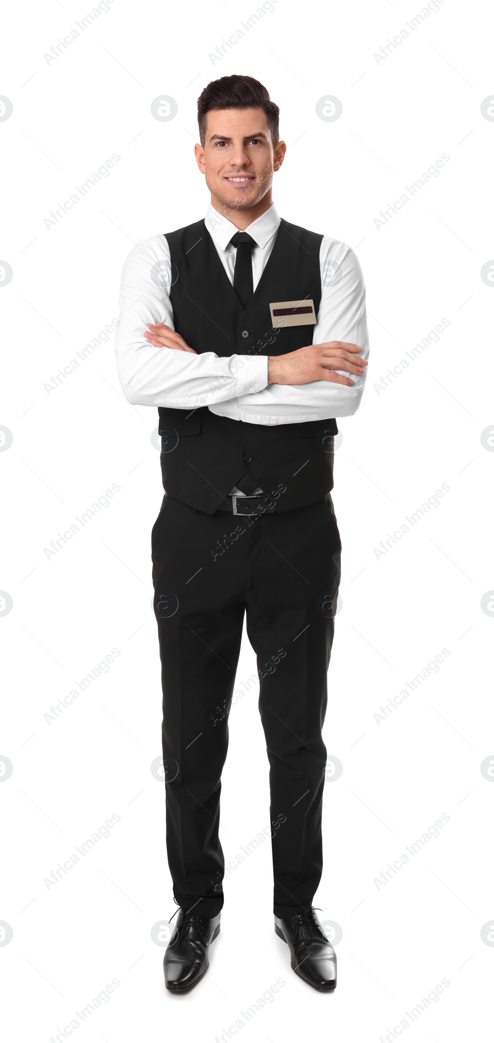 Photo of Full length portrait of happy receptionist in uniform on white background