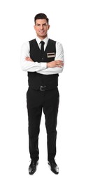 Photo of Full length portrait of happy receptionist in uniform on white background