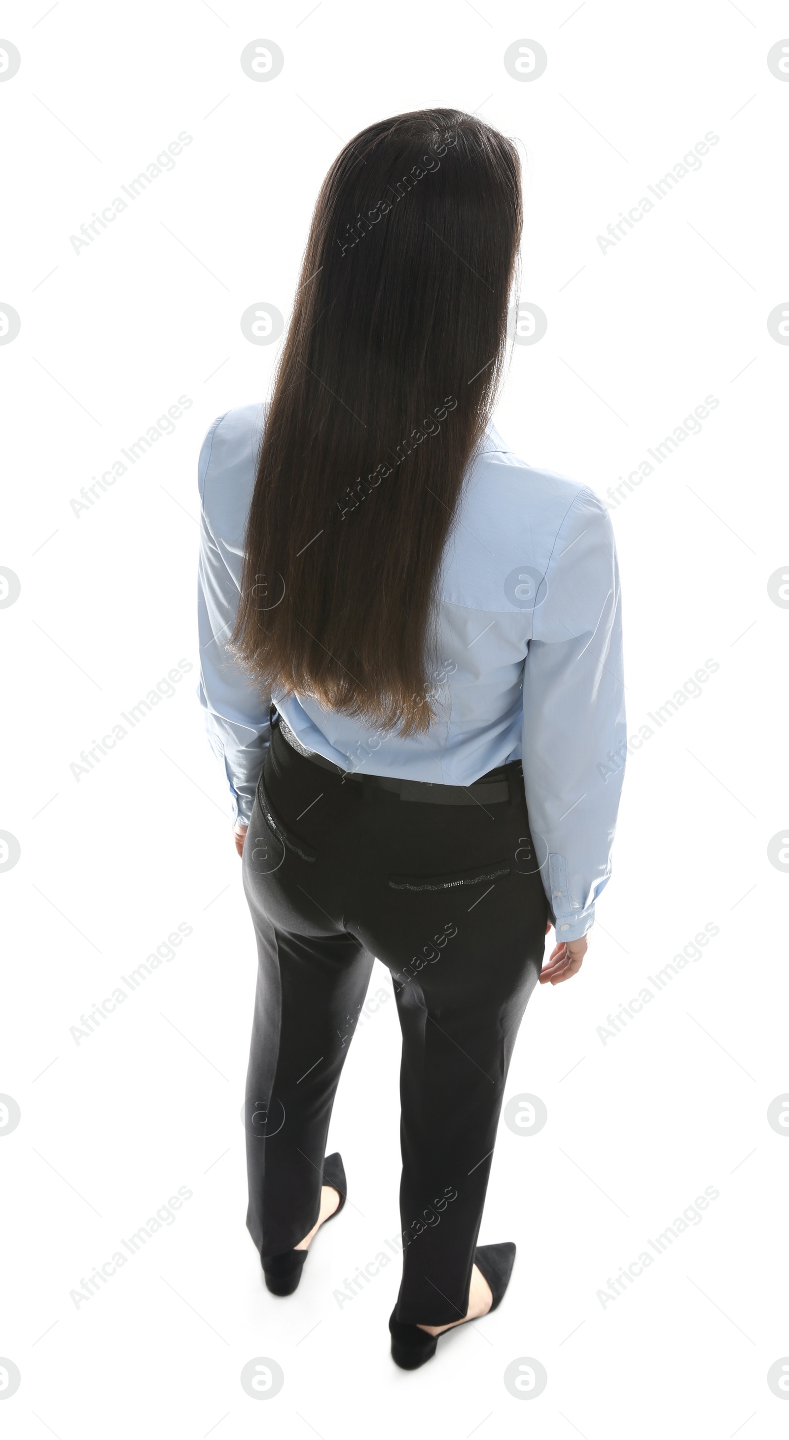 Photo of Young businesswoman in elegant suit on white background, back view