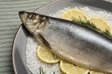 Photo of Delicious salted herring, rosemary, salt and lemon on table, closeup