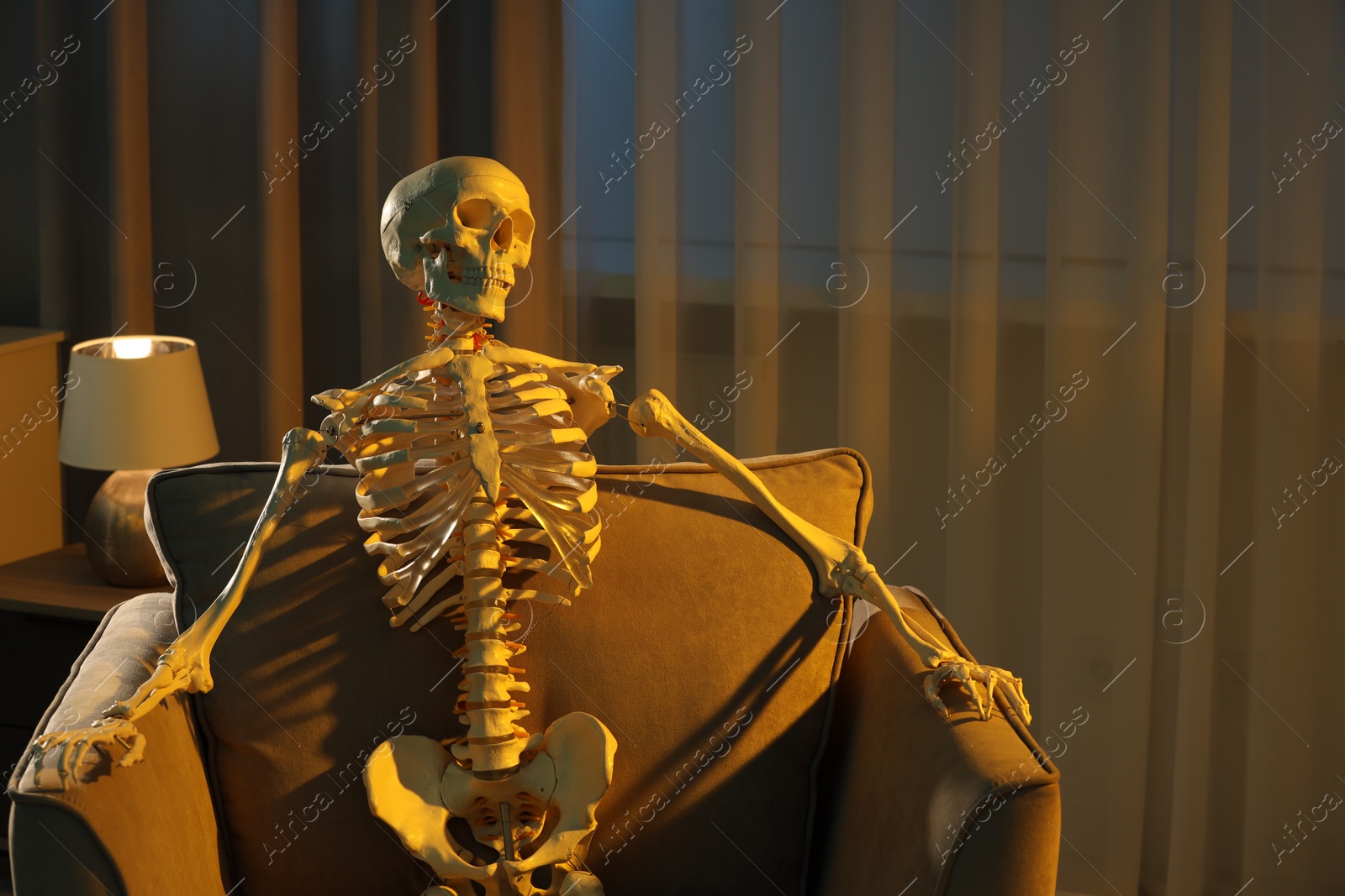 Photo of Waiting concept. Human skeleton sitting in armchair indoors