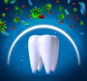 Image of Tooth model with illustration of protective shield and microbes on blue background. Dental care