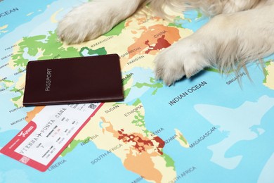 Dog lying near passport and ticket on world map, closeup. Travelling with pet