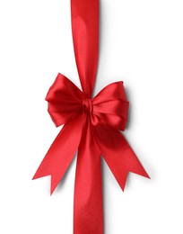 Photo of Red satin ribbon with bow isolated on white, top view