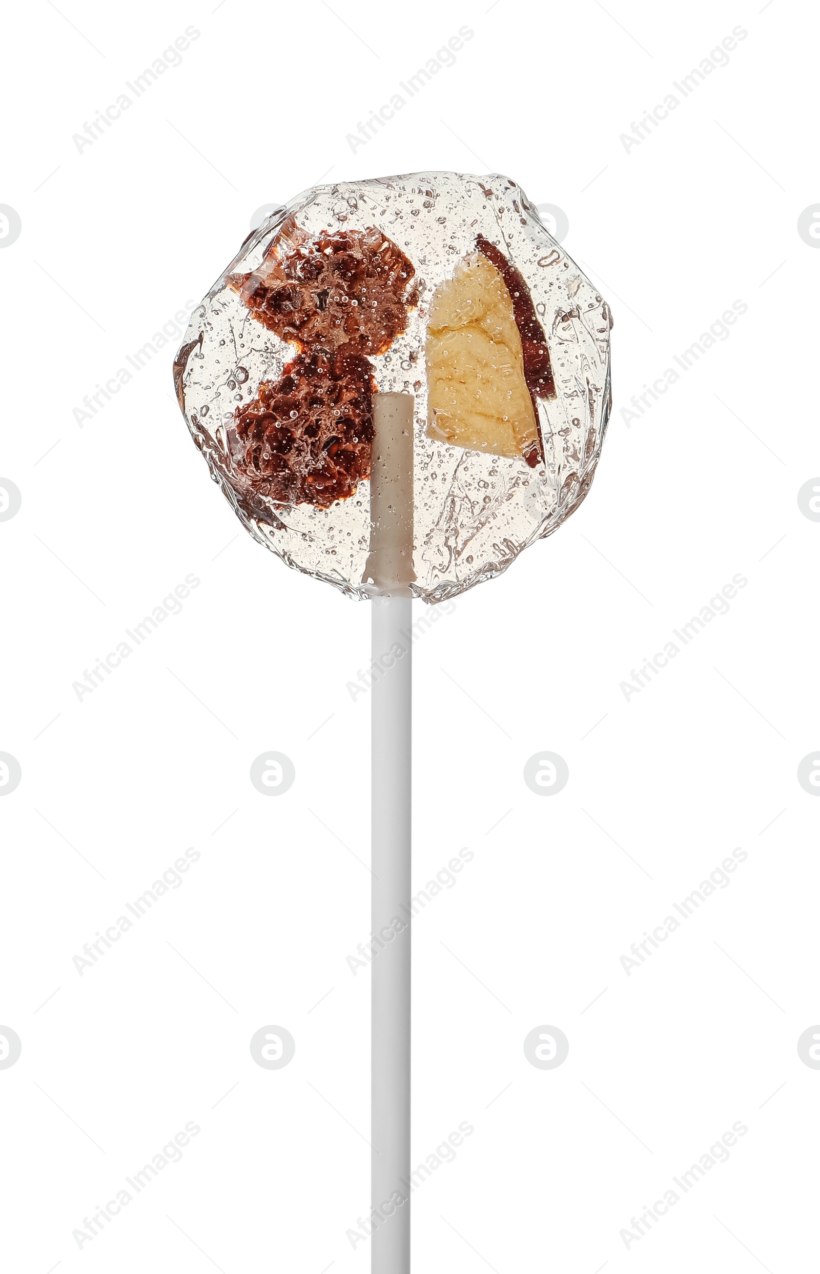 Photo of Sweet colorful lollipop with berries isolated on white