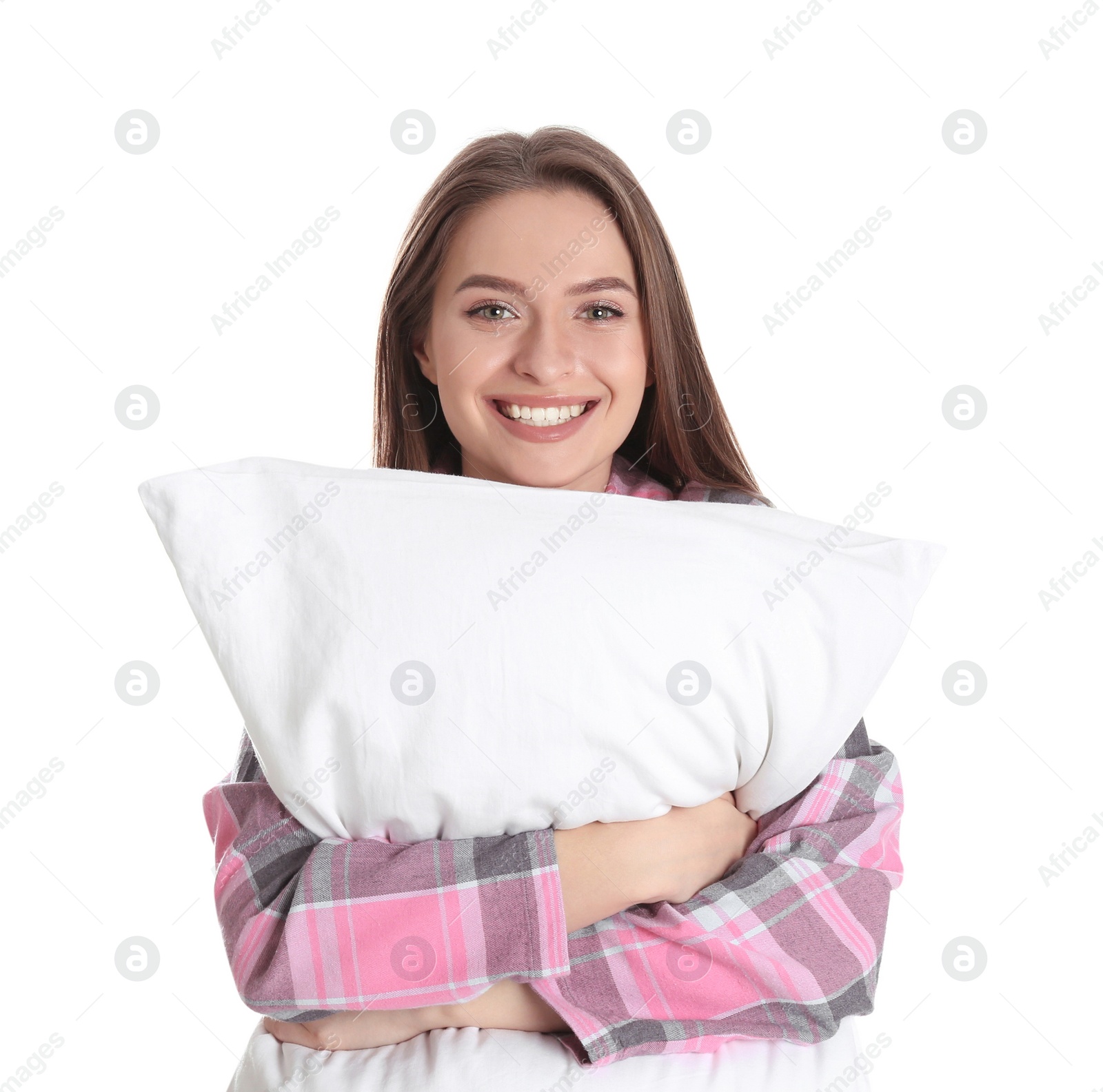 Photo of Young woman with pillow on white background