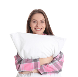 Photo of Young woman with pillow on white background