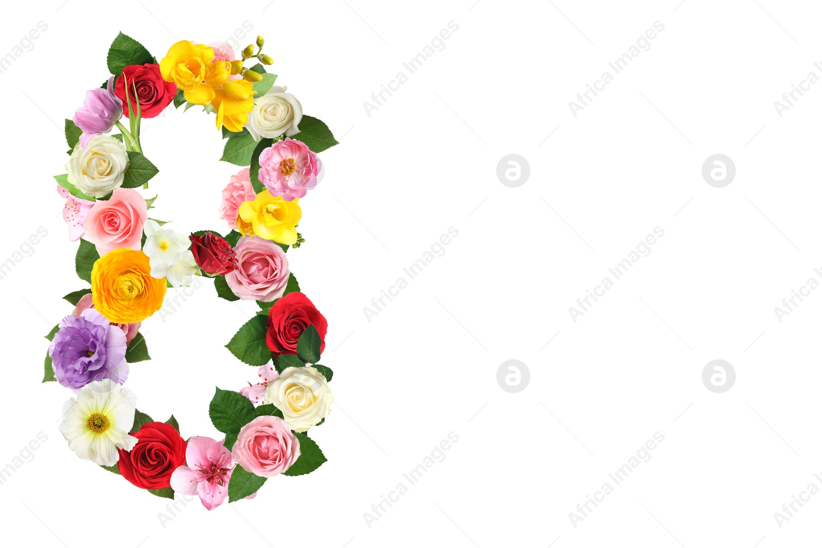 Image of International Women's Day - March 8. Card design with number 8 of bright flowers and leaves on white background. Space for text