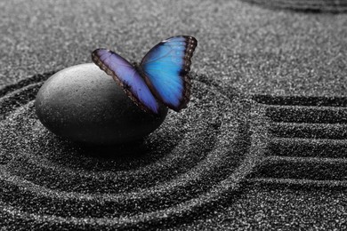 Beautiful butterfly and stone on black sand with pattern. Zen concept